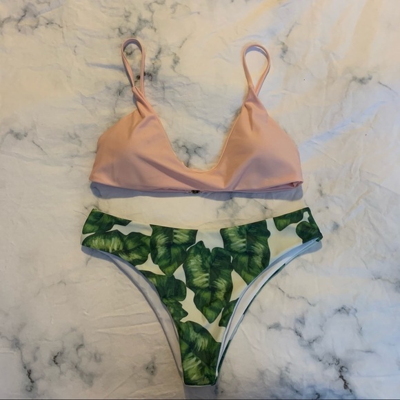 Pink and Tropical  Leaf Bikini Set - Picture 2 of 6